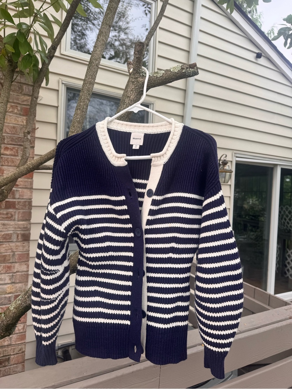 Maeve Navy and White Striped Ribbed Cardigan